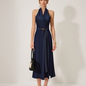 Denim Belted Halter Midi Dress